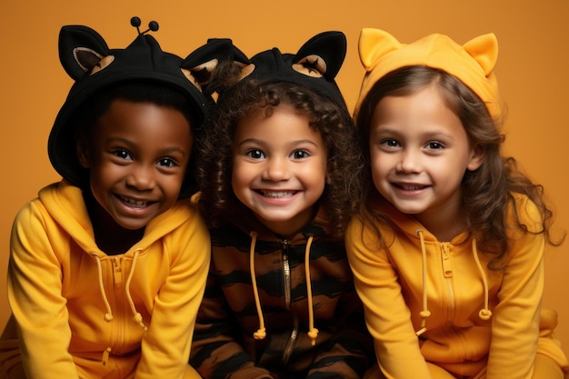 Photo des enfants célèbrent halloween sur un fond jaune ai générative