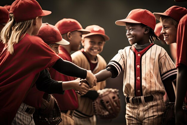 Des enfants célèbrent ou serrent la main à leurs adversaires pour montrer leur esprit sportif.