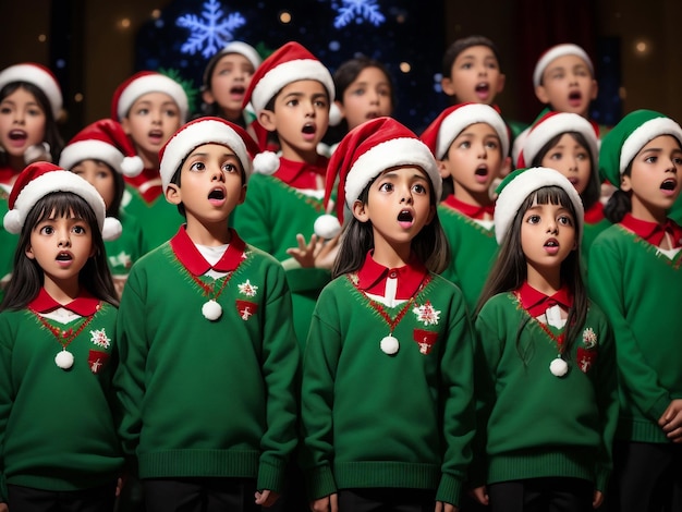 Les enfants chantent une chanson debout près de la cheminée la veille de Noël.