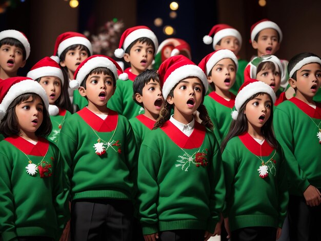 Les enfants chantent une chanson debout près de la cheminée la veille de Noël.