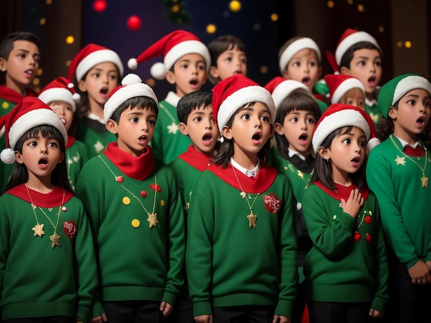 Les enfants chantent une chanson debout près de la cheminée la veille de Noël.
