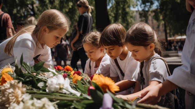 Des enfants en chemises et shorts blancs déposent des fleurs sur une table