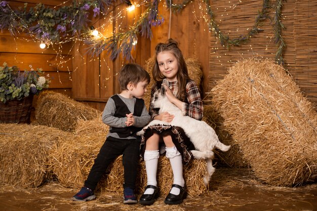 Enfants avec chèvre dans un hangar à la ferme sur le fond de foin