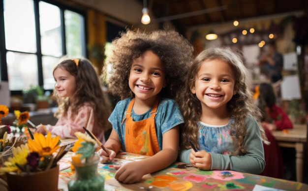 Des enfants en classe de peinture