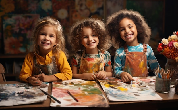 Des enfants en classe de peinture