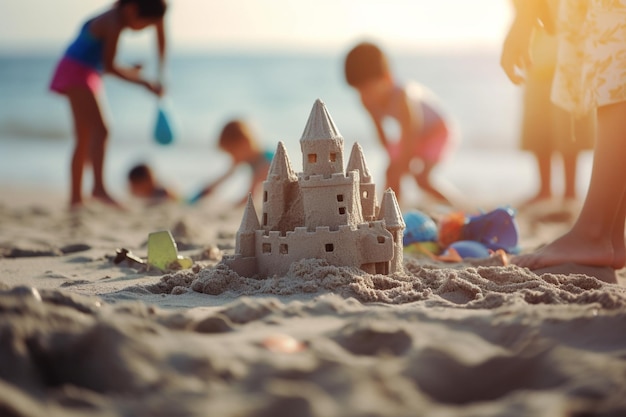 Enfants construisant des châteaux de sable et jouant dans les vagues à la plage l'été