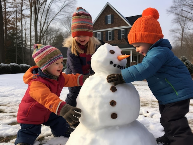 Des enfants construisent un bonhomme de neige en hiver.