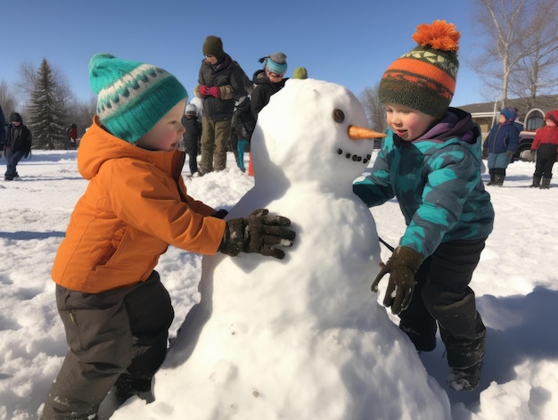 Des enfants construisent un bonhomme de neige en hiver.