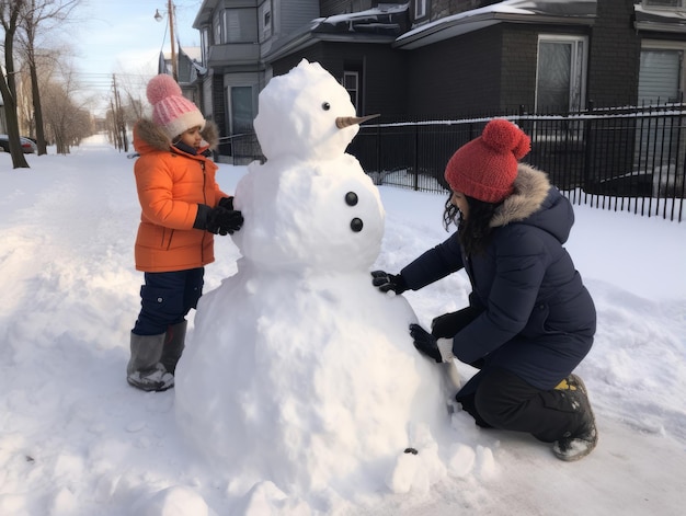 Photo des enfants construisent un bonhomme de neige en hiver.