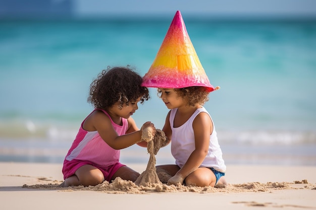 Photo des enfants construisent un château de sable sous un parapluie de plage coloré