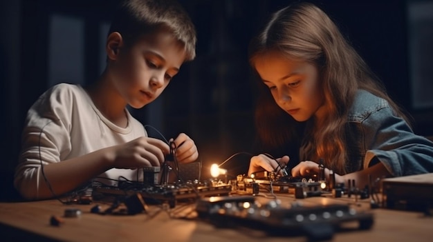 Les enfants construisent des robots Generative AI jolie fille tenant des éléments et des fils pendant que le garçon soude le circuit imprimé