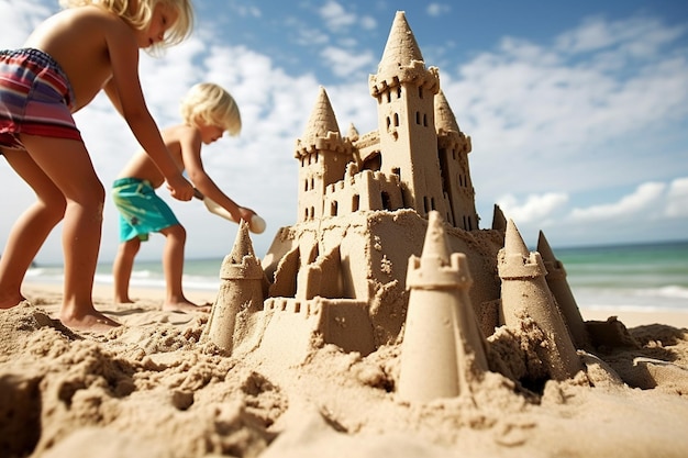 Des enfants construisent des sculptures de sable.