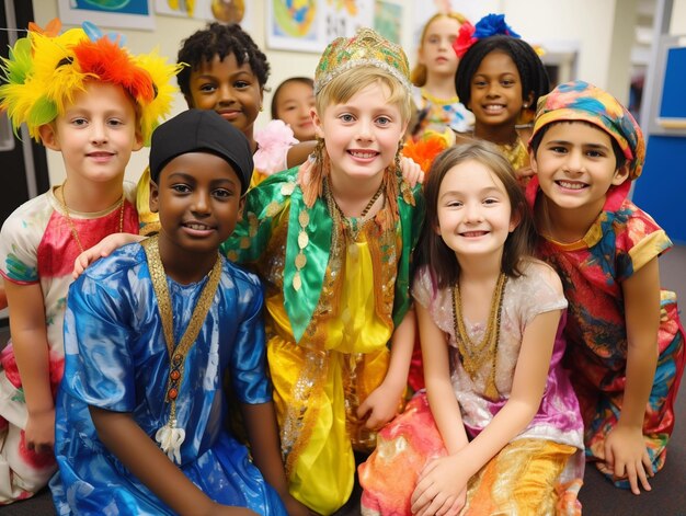 Des enfants en costumes colorés célèbrent la journée culturelle à l'école
