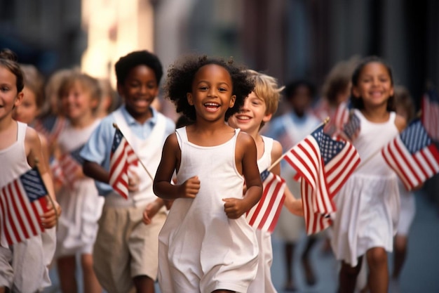 Enfants courant dans un défilé avec des drapeaux et le mot " le " dessus "