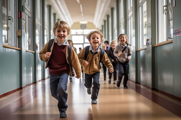 Des enfants courent dans un couloir. L'un d'eux porte un sac à dos et les autres garçons.