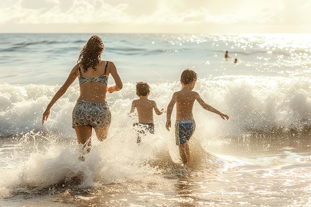 Les enfants courent vers le rivage leurs éclaboussures ludiques faisant écho à la pure joie des vacances à la plage