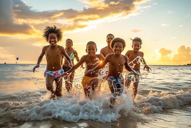 Les enfants courent vers le rivage leurs éclaboussures ludiques faisant écho à la pure joie des vacances à la plage