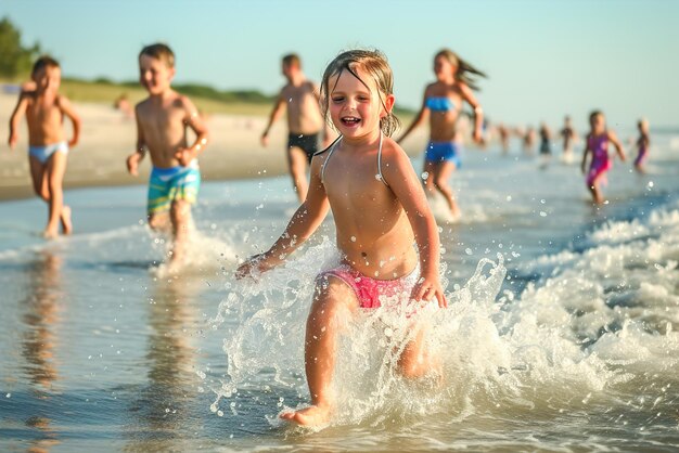 Les enfants courent vers le rivage leurs éclaboussures ludiques faisant écho à la pure joie des vacances à la plage