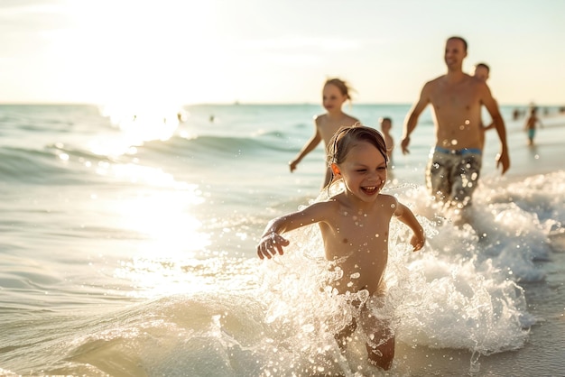 Les enfants courent vers le rivage leurs éclaboussures ludiques faisant écho à la pure joie des vacances à la plage