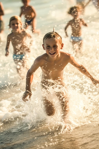 Les enfants courent vers le rivage leurs éclaboussures ludiques faisant écho à la pure joie des vacances à la plage