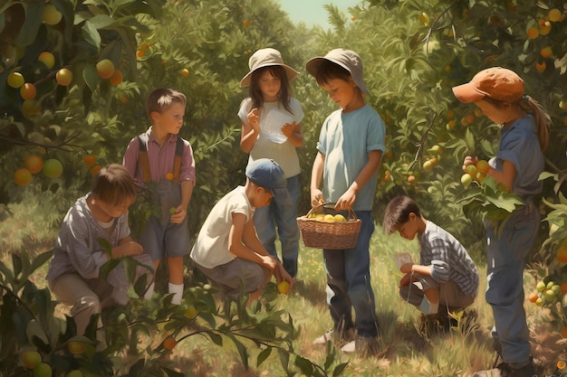 Des enfants cueillent des fruits dans le jardin par une journée ensoleillée.