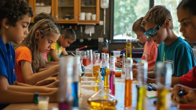 Photo des enfants dans une classe de sciences font une expérience avec des liquides colorés dans des tubes d'essai. ils portent des lunettes de sécurité et regardent les liquides.