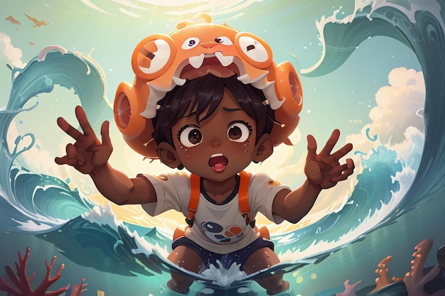 Photo enfants dans d'énormes vagues de la mer dessin animé anime personnage image fond d'écran illustration