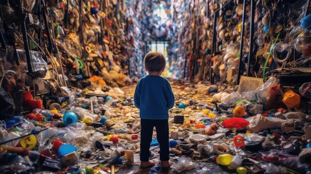 Des enfants dans un grand tas de déchets plastiques