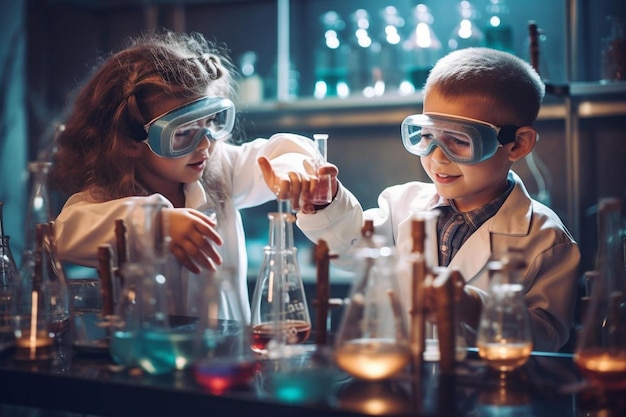 Enfants dans un laboratoire avec beaucoup de produits chimiques