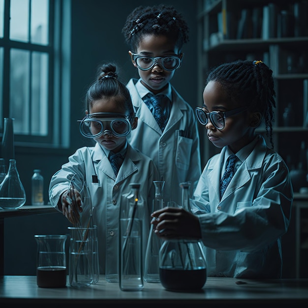 Enfants dans un laboratoire portant des blouses de laboratoire et des lunettes de sécurité effectuant des expériences