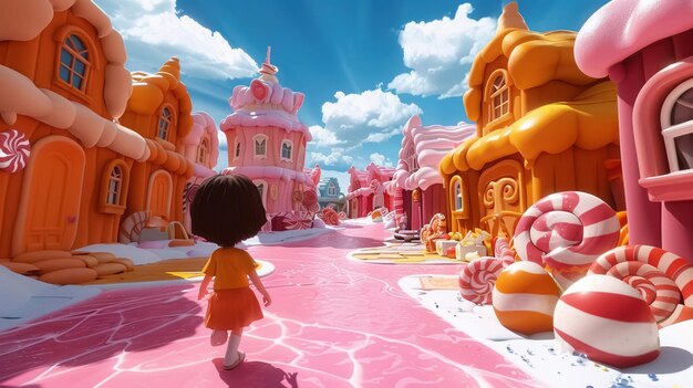 Des enfants dans une maison de bonbons de dessins animés en 3D explorant un monde de couleurs et de joie