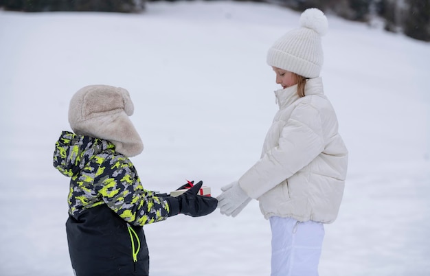 Enfants Dans La Neige Un Petit Garçon En Vêtements D'hiver Donne Un Cadeau  Sous Forme De Coeur à Une Petite Fille