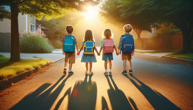 Des enfants dans des sacs à dos colorés marchent dans une rue ensoleillée.