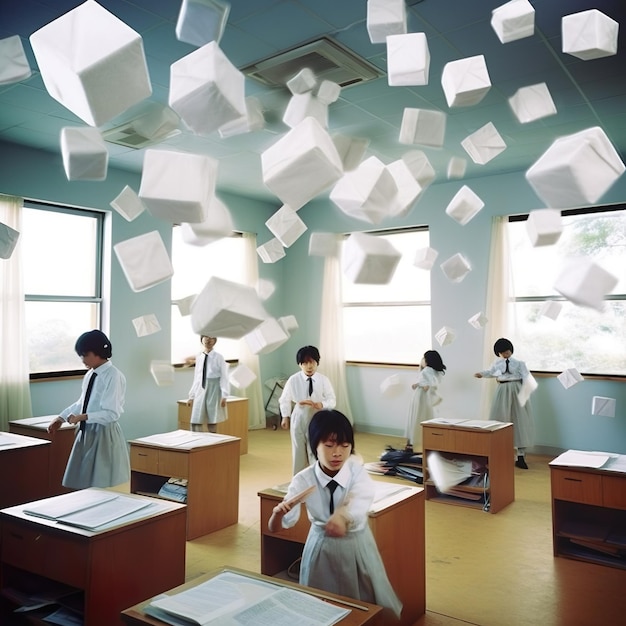 Enfants dans une salle de classe avec des livres flottant dans l'illustration de l'air