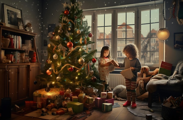 Les enfants dans le salon avec l'arbre de Noël devant