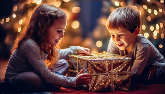 Les enfants déballent leur cadeau de Noël devant un bel arbre Generative AI