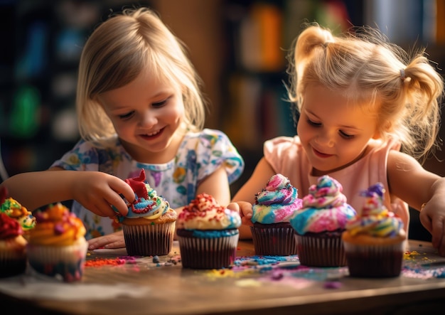 Enfants décorant des cupcakes avec un glaçage coloré