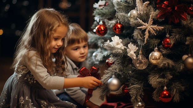 les enfants décorent l'arbre de Noël avec des ornements IA générative