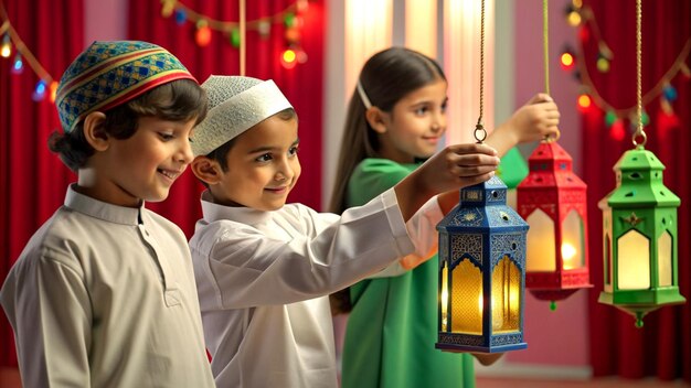 Photo les enfants décorent avec enthousiasme la maison avec des lanternes colorées pour les festivités de l'aïd à l'intérieur.