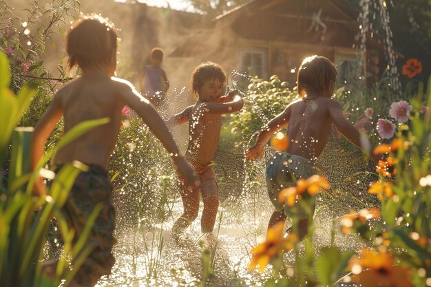 Des enfants délicieux jouant dans un arroseur d'été