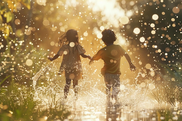 Des enfants délicieux jouant sous la pluie d'été.