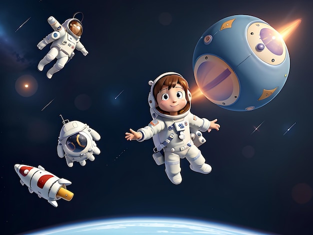 Enfants dessin animé anime astronaute voyageant dans l'espace illustration d'art numérique IA générative