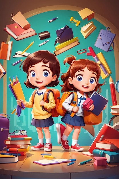 Enfants avec dessin animé choses scolaires