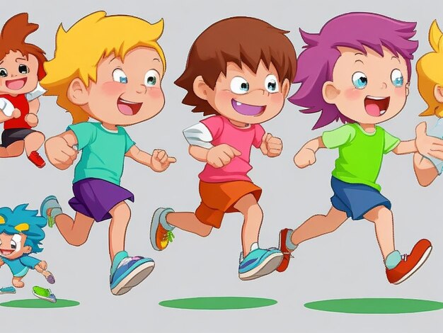 Des enfants de dessins animés exécutant une illustration de clip-art vectoriel avec des gradients simples chacun sur une couche séparée