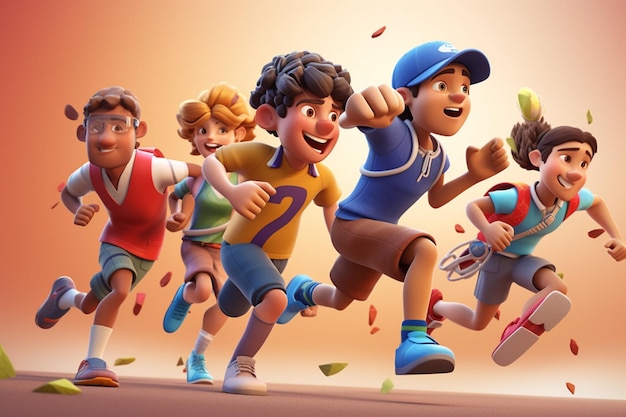 Des enfants de dessins animés qui courent en ligne avec une raquette de tennis.