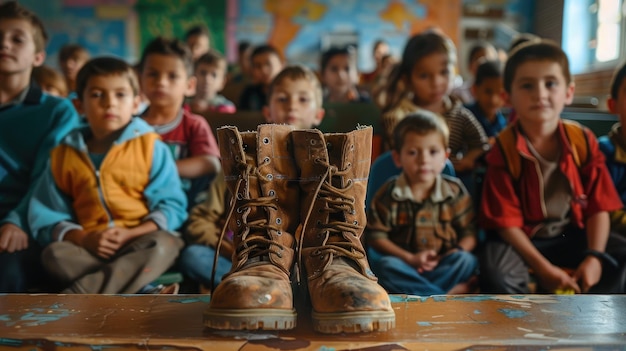 Des enfants divers apprenant dans une salle de classe avec des bottes de travail à l'avant représentant la bataille contre le travail des enfants