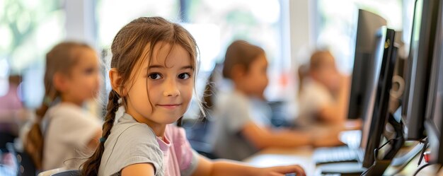 Des enfants divers collaborant sur des ordinateurs dans les salles de classe scolaires Concept Environnement scolaire Enfants39s Éducation Technologie de la salle de classe Apprentissage collaboratif Diversité dans l'éducation