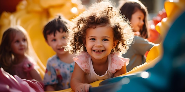 Des enfants divers jouant joyeusement sur un terrain de jeu coloré Concept Des enfants de terrain de jeu divers joyeux colorés