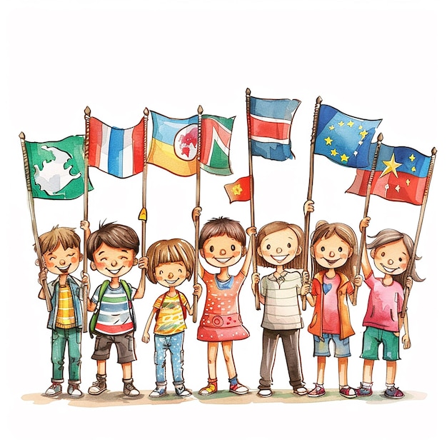 enfants avec le drapeau de leur pays célébrant la journée des enfants