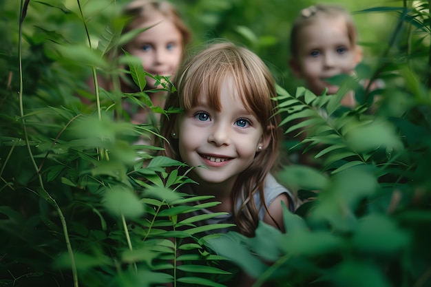 Les enfants du terrain de jeu de la nature s'amusent et font des activités vertes